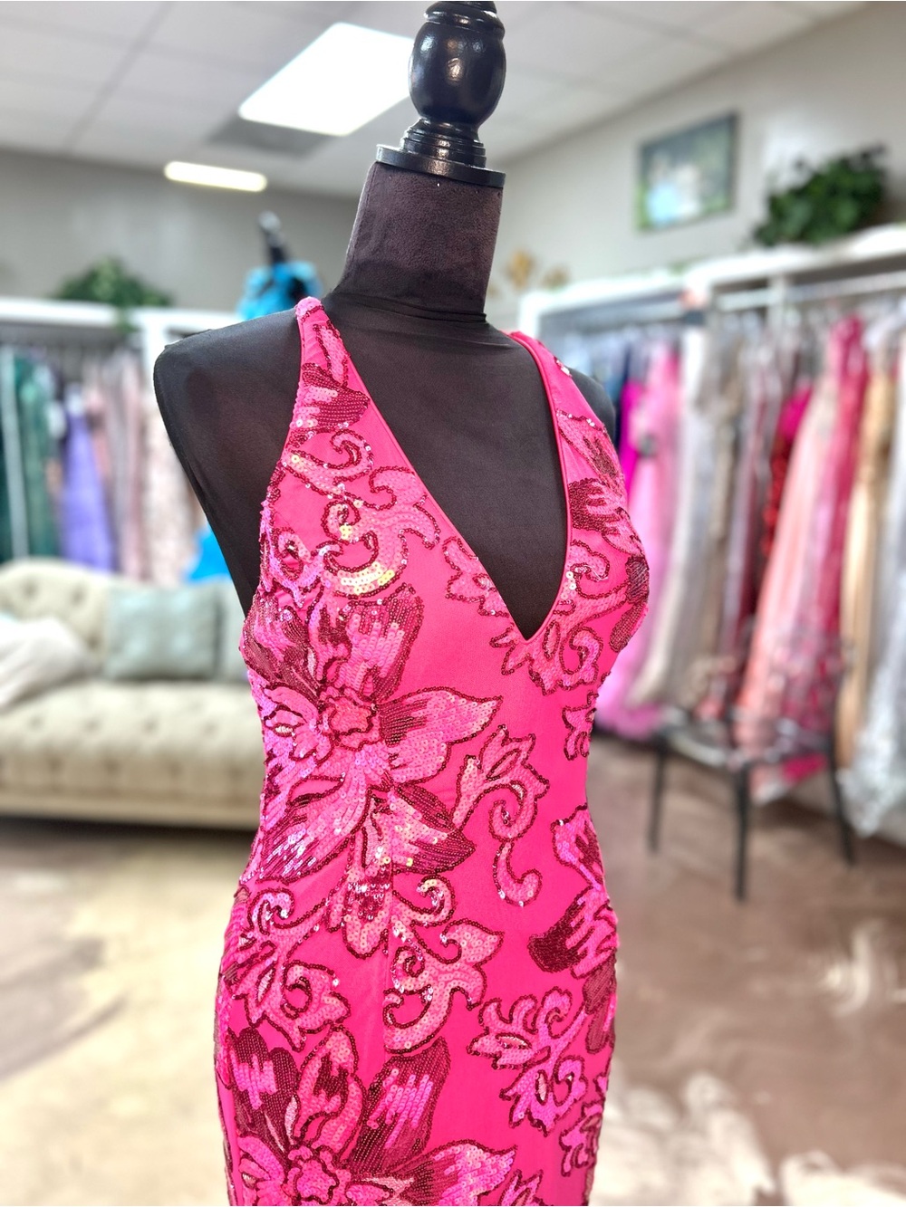 Jovani Hot Pink and Gold V-Neck Sequin Floral Prom Gown - Picture 2 of 6